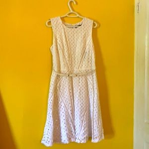 White Crochet Dress with Belt and Gold Accents